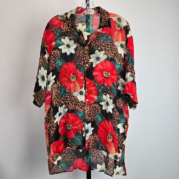 Vintage 00B Zero Zero Bi Italian Button Up Hawaiian Shirt Floral Leopard Red Med - Picture 1 of 5